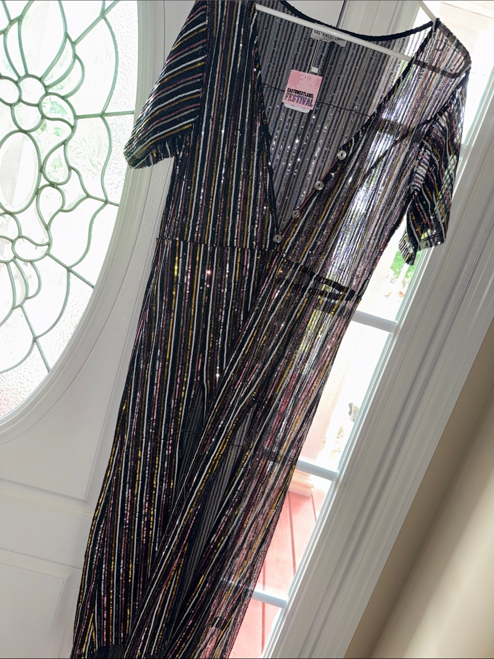 Striped Sequin Wrap-Style Maxi Dress - Black with Metallic Stripes